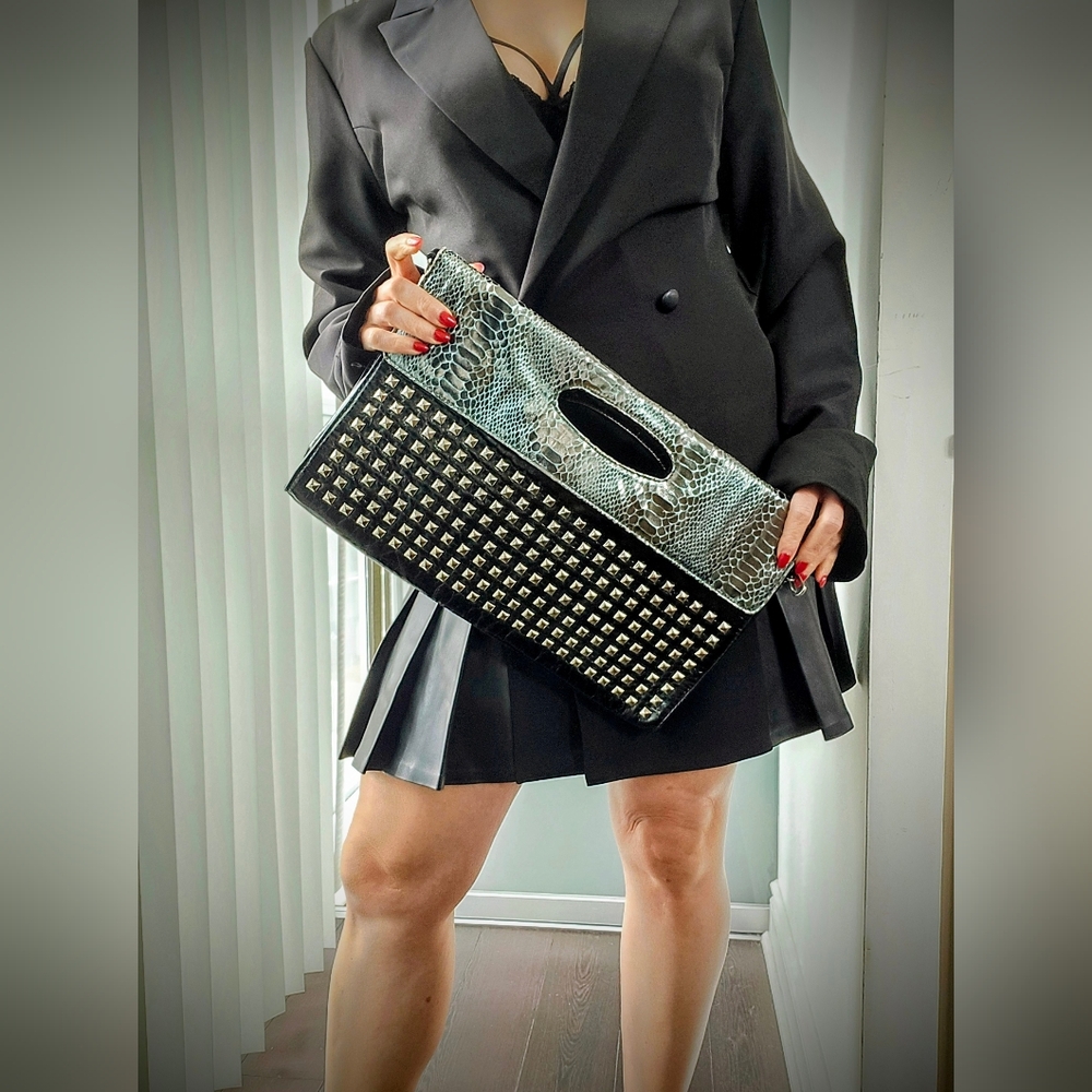 Studed Black and Silver Genuine Leather Clutch Bag